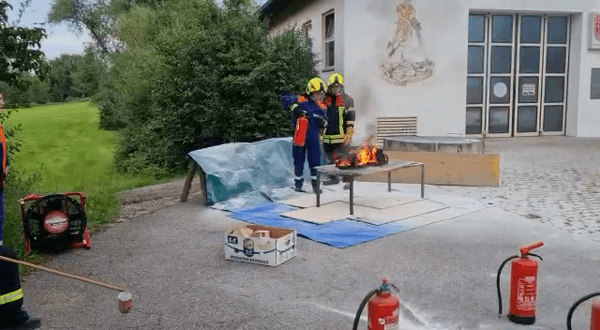 Übung zur Brandbekämpfung mit Feuerlöschern